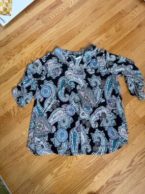 Paisley Print women’s  Blouse in Black with Teal & Lavender Accents